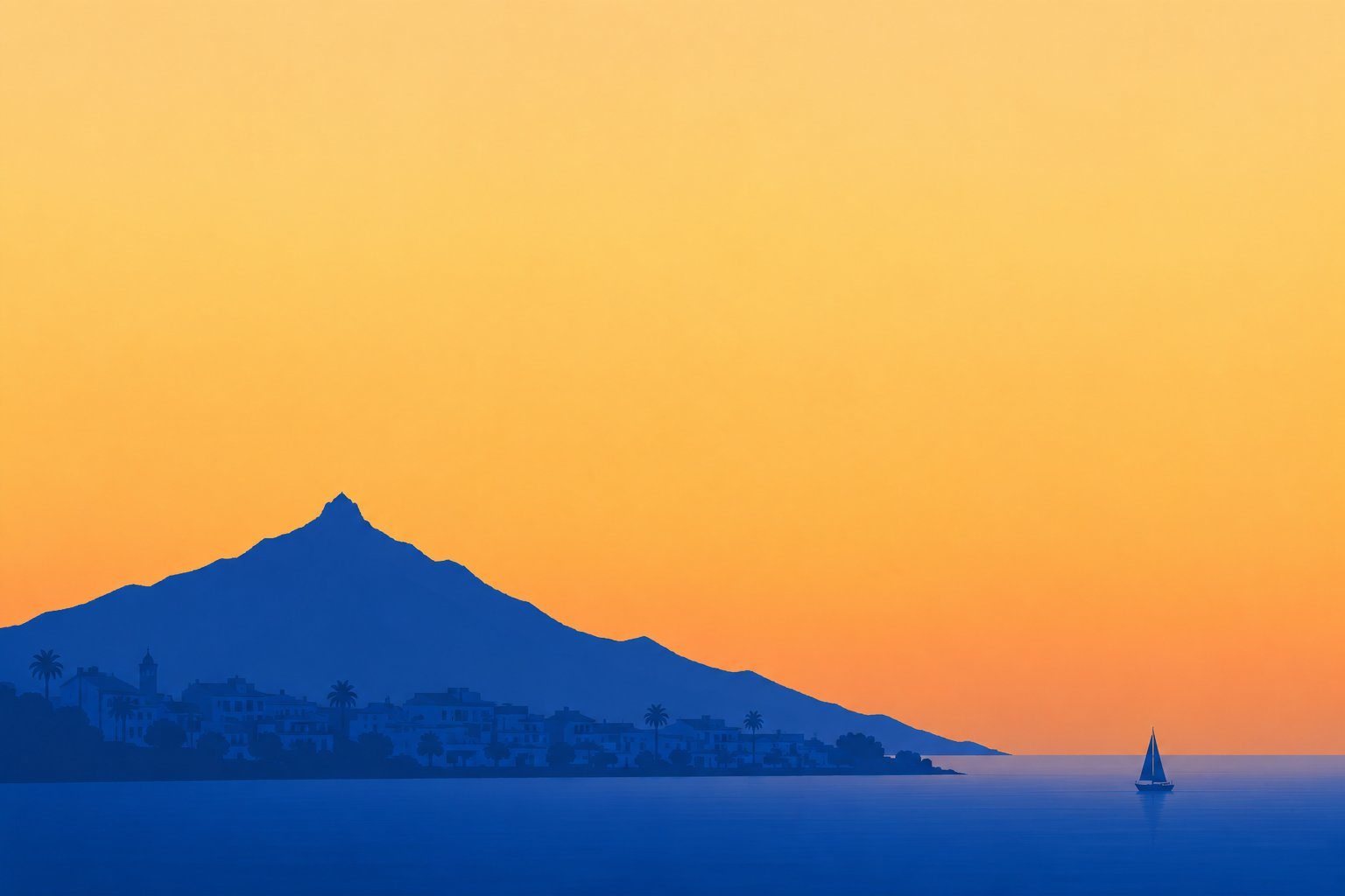 Golden-hour view of a Costa del Sol coastal town below a steep mountain, with a sailboat on a calm Mediterranean sea